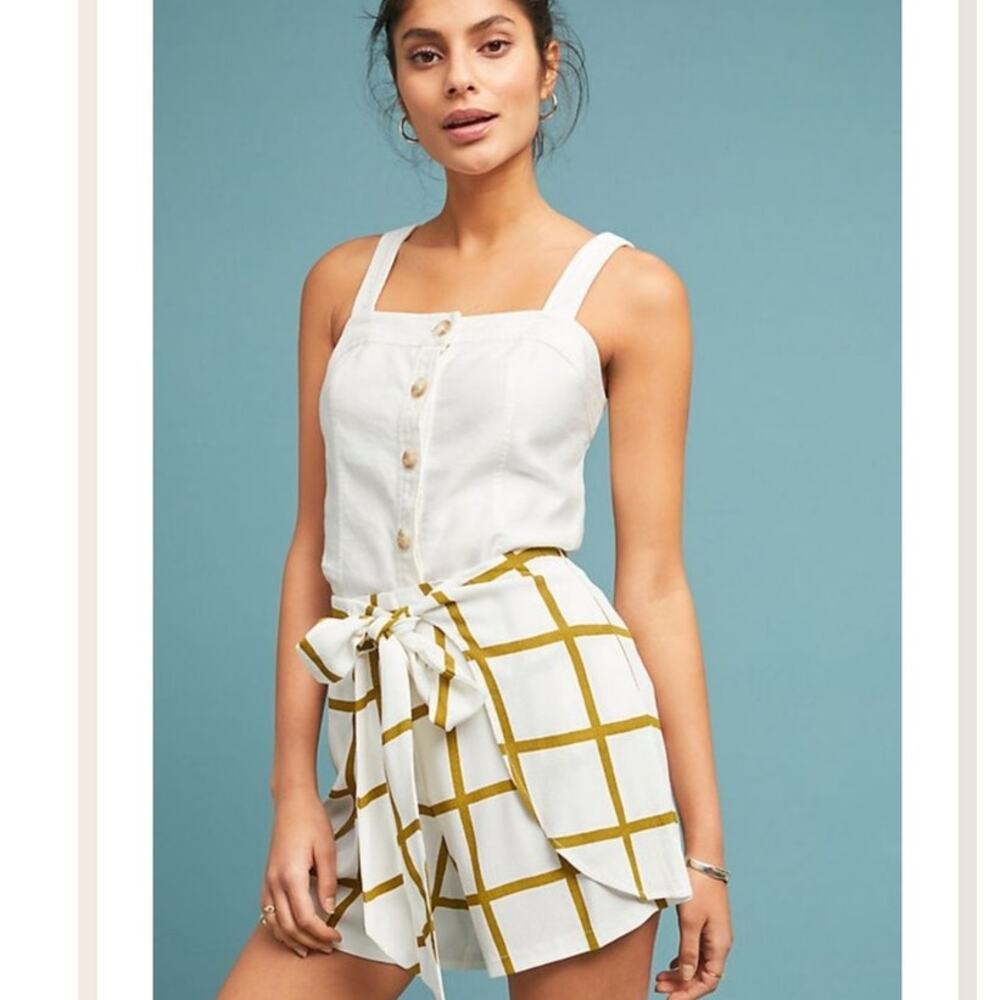 Anthropologie Sancia Helena Whimsical Tie Wrap Shorts Sz S White Check Boho Chic